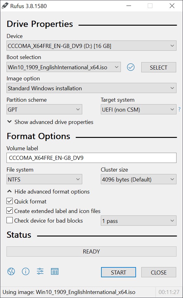 Create bootable Windows Installer USB with Rufus
